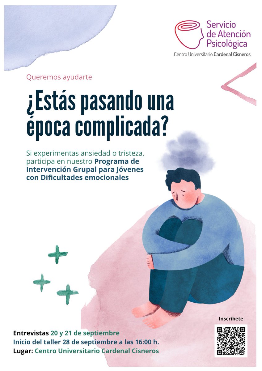 Si estás experimentando síntomas de #ansiedad y/o tristeza y quieres aprender a comprender tus emociones y a controlarlas... 👉 Apúntate al Programa de #intervención para jóvenes con dificultades emocionales organizado por nuestro #SAPsiCUCC

ℹ️ cardenalcisneros.es/es/programa-de…

#CUCC