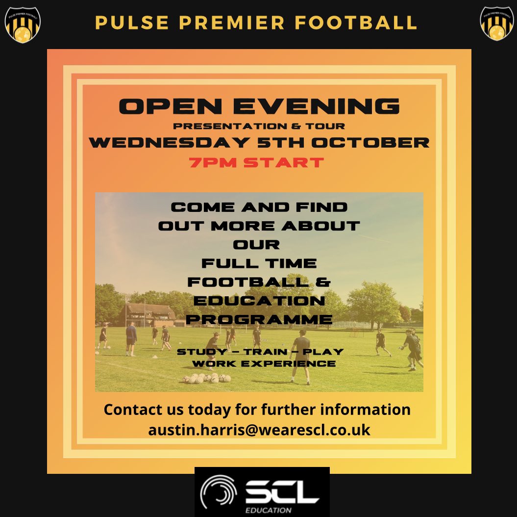 PulsePremier's tweet photo. ⚽️OPEN EVENING⚽️

Our first information evening for students looking to find out more about our programme ahead of 2023 intake is now set !!!

WEDNESDAY 5th OCTOBER 

Camberley RFC
Watchetts Recreation Ground
Park Road
Camberley
GU15 2SR

#education #football #opportunities https://t.co/pDChU40d6f
