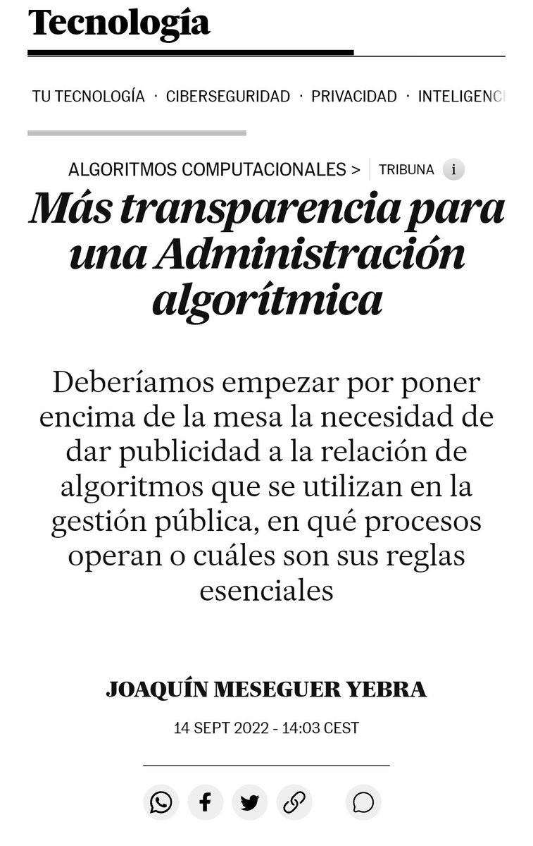 Hoy publica <a href="/elpais_tec/">EL PAÍS Tecnología</a> una mirada personal sobre los retos (y riesgos) de la Inteligencia Artificial que usan las Administraciones en nuestro país. ¡Necesitamos urgentemente más transparencia! 😉 <a href="/danielegrasso/">daniele grasso</a> 
elpais.com/tecnologia/202…