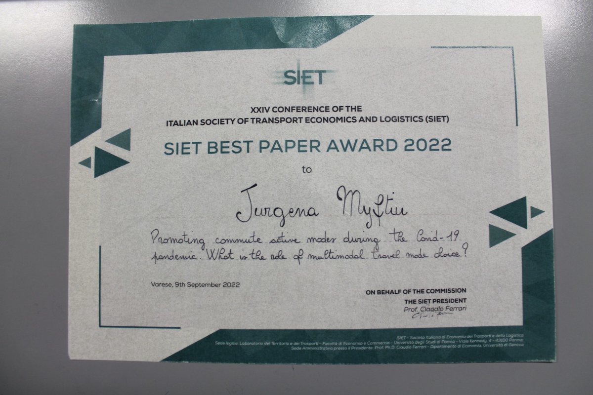 <a href="/MyftiuJurgena/">Jurgena Myftiu</a> (2nd year PhD student) won at SIET Conference in Varese the BEST PAPER AWARD 2022 entitled “Promoting commute active modes during the Covid‐19 pandemic. What is the role of multimodal travel mode choices?”