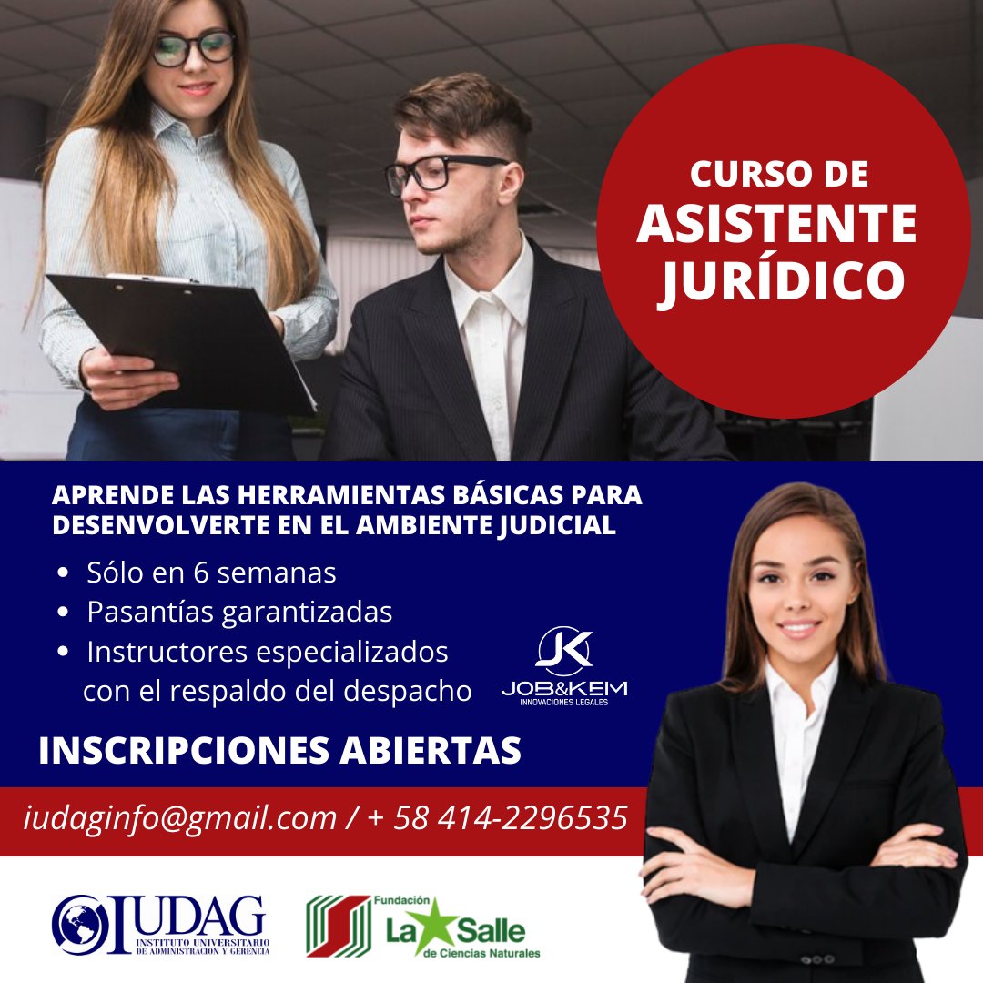JobKemVzla's tweet photo. Fórmate como ASISTENTE JURÍDICO con el respaldo de Fundación La Salle de Ciencias Naturales y el Instituto Universitario de Administración y Gerencia, IUDAG. 
✅En solo 6 semanas.
✅Pasantías garantizadas.
https://t.co/gKqPhqrljw
+58 414.2296536
Iudaginfo@gmail.com https://t.co/oBdAqhMjIK