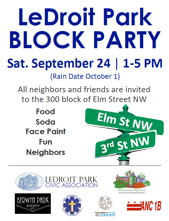It's time for the annual block party! 

Hope you will join your neighbors on the 300 block of Elm Street NW on September 24 from 1 - 5 pm.