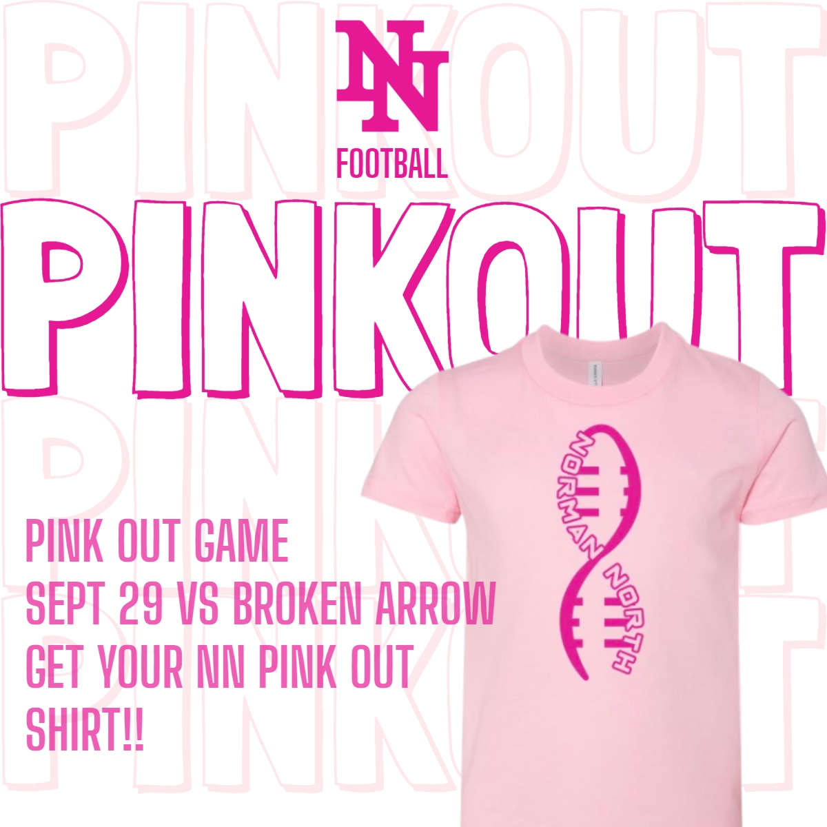 Our Pink Out Game is in two weeks - Sept. 29 vs Broken Arrow. Get your NN Pink Out Shirt from a Booster Club member or at the home game next week. End #BreastCancer!