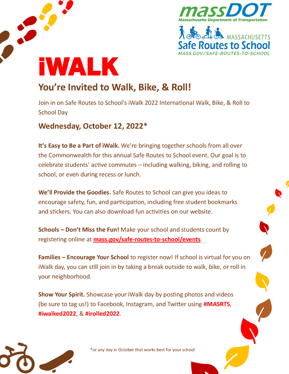 SafeRoutes_MA's tweet photo. This year’s #srts iWalk event is only FOUR weeks away on Wednesday, October 12, 2022! Have your schools register now. The registration portal, promotional flyers (available in 4 languages), and other printable activities can be found here https://t.co/q8wECrSMdS. @massdot https://t.co/wzybL7hckN