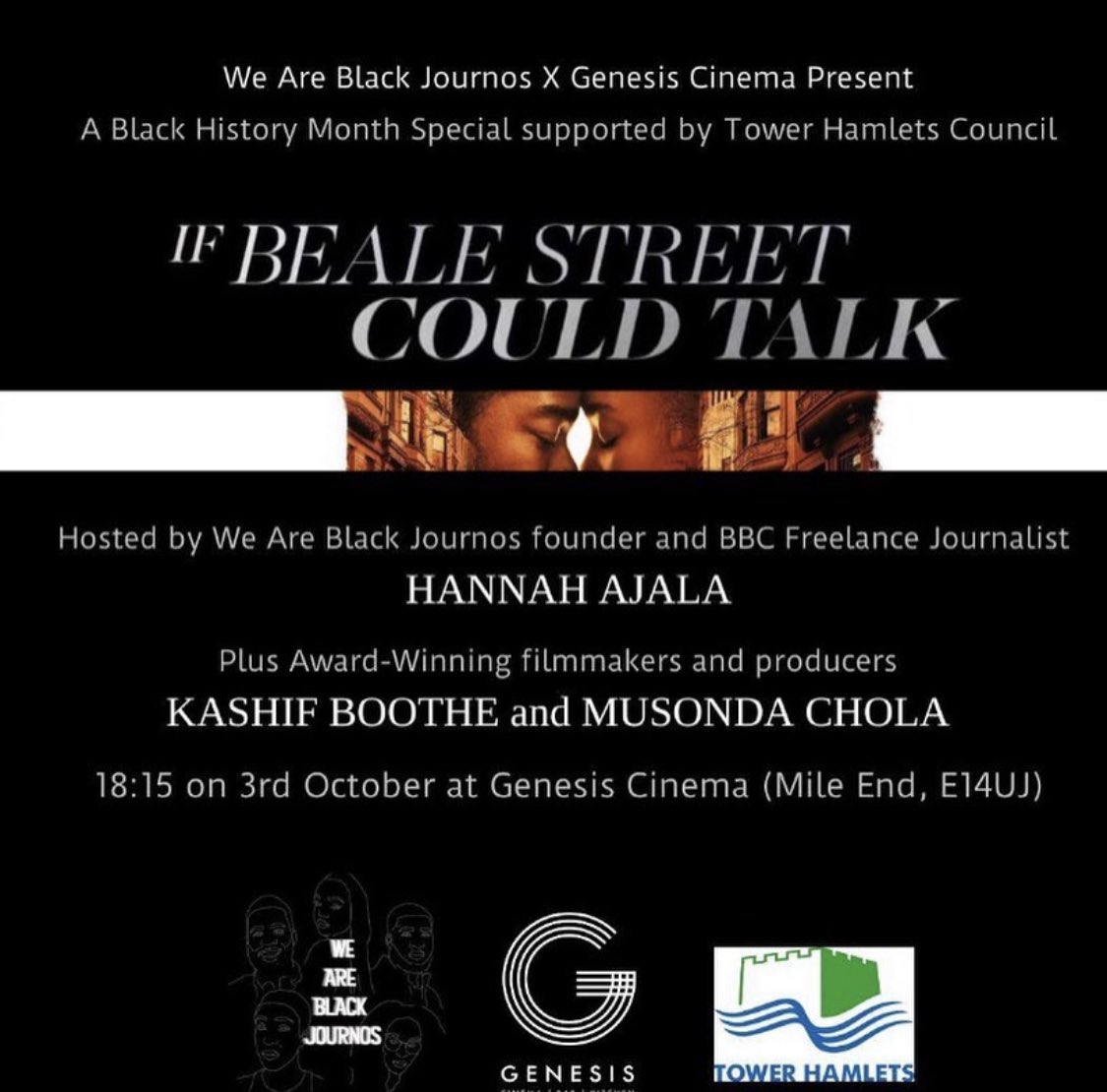 Guess who’s film club is back again this October with <a href="/GenesisCinema/">Genesis Cinema</a> ? <a href="/weblackjournos/">We Are Black Journos</a> !!! 🍿

We are so excited to collaborate  again with our friends at <a href="/genesiscinema/">Genesis Cinema</a> in celebrating of Black films and stories. 

Join us on October 3rd to watch If Beale Street Could Talk” 🎬🍿