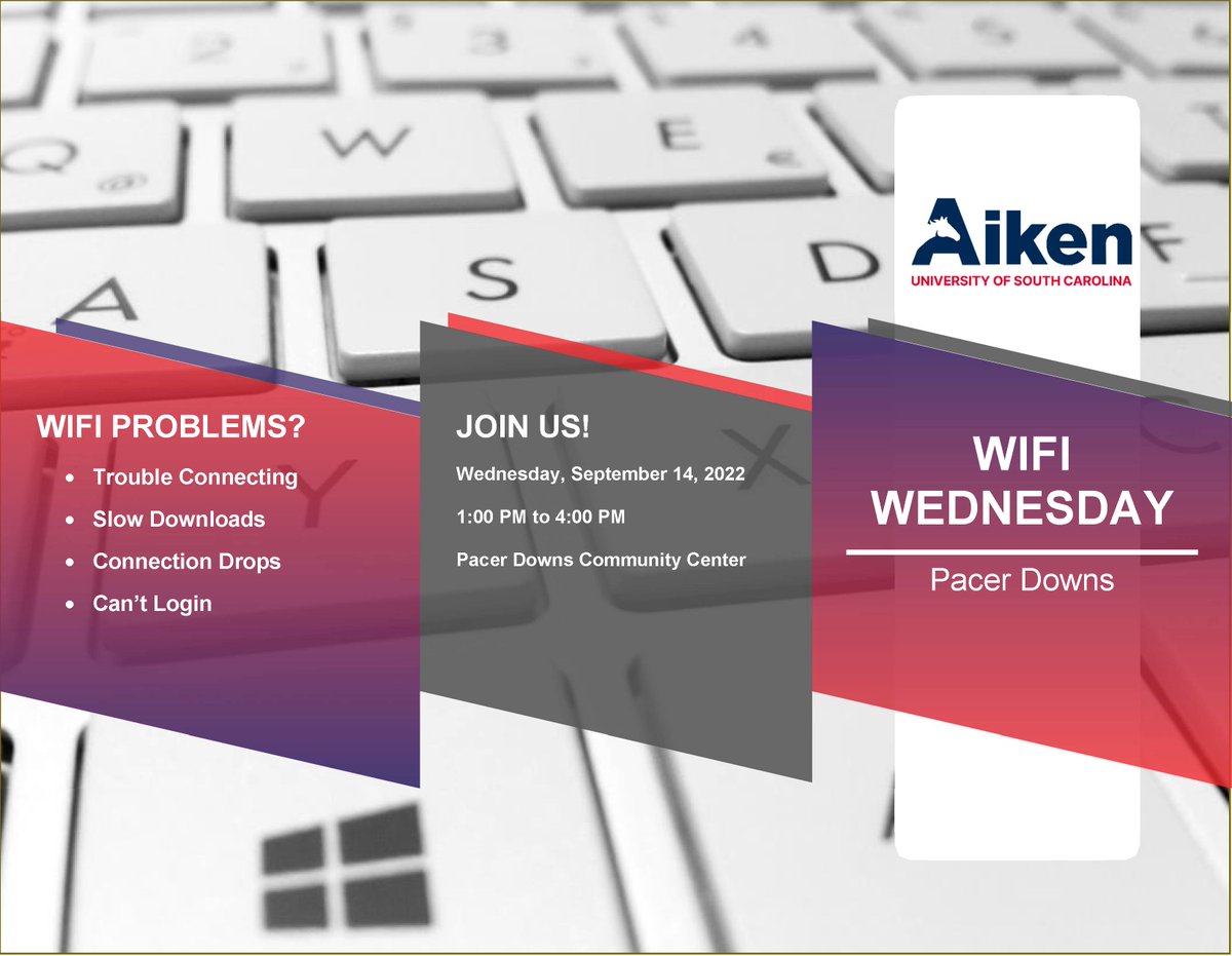 Live in campus housing? Having Wi-Fi problems? Join TSD today from 1 pm - 4 pm in the Pacer Downs Community Center for a Q&amp;A or just get help with specific Wi-Fi issues. <a href="/USCAiken/">USC Aiken</a> <a href="/USCAGetInvolved/">USCA Get Involved</a>