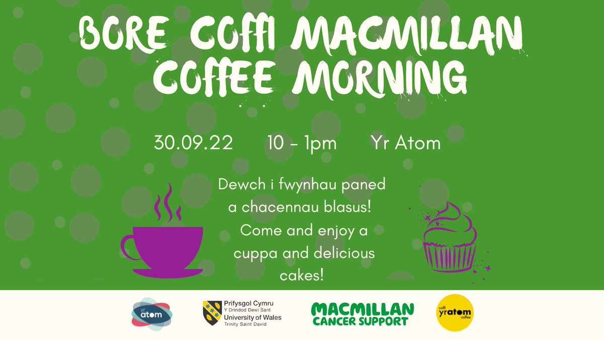 FORY👇TOMORROW 

Galwch mewn am baned a chacen☕🍰

#macmillan #borecoffi #mwynhau #cymdeithasu  

<a href="/drindoddewisant/">Drindod Dewi Sant</a> <a href="/yr_egin/">Canolfan S4C Yr Egin</a> <a href="/caffir_atom/">Caffi'r Atom</a> <a href="/CarmsCouncil/">Cyngor Sir Gâr</a>