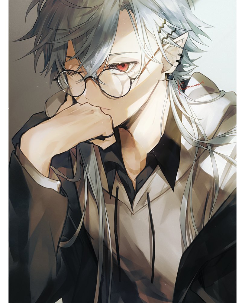 kuzuha (nijisanji) male focus 1boy red eyes pointy ears mole under eye solo mole  illustration images