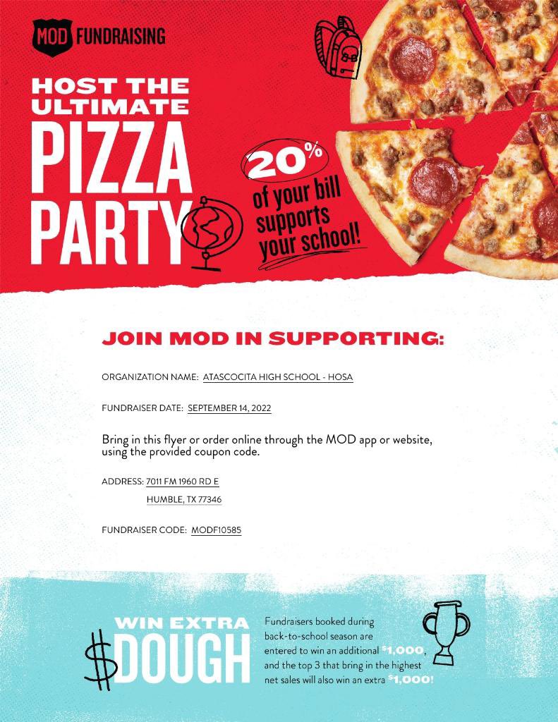 Support <a href="/AtascocitaHosa/">Atascocita Hosa</a> at MOD pizza and skip cooking today! 🍕 Show the attached flyer or use code MODF10585 if ordering online! <a href="/HumbleISD_AHS/">The Atascocita HS</a>