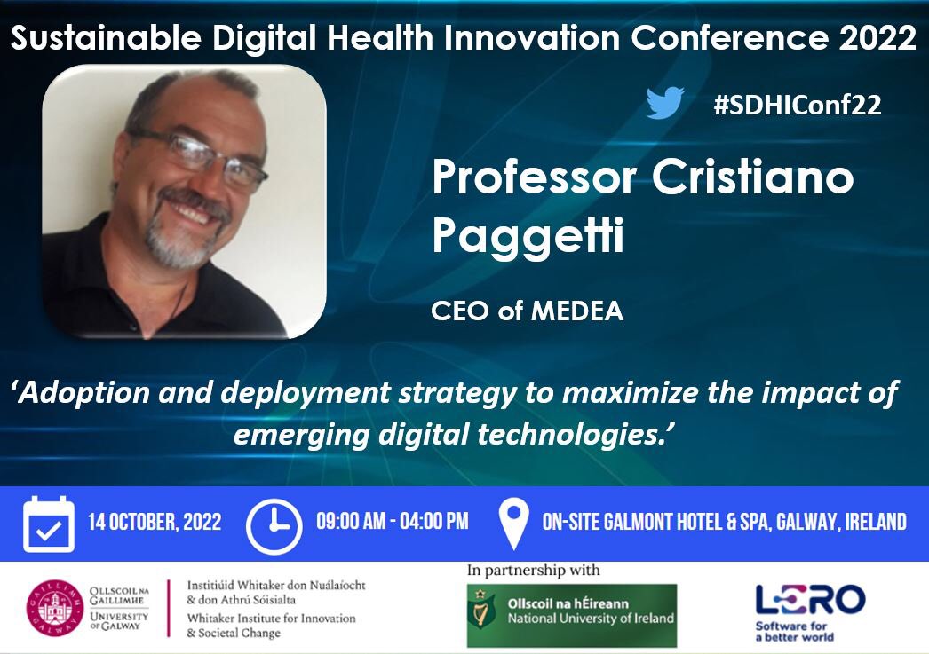 We are thrilled to welcome Professor Cristiano Paggetti, CEO of @medeainnovation, to #SDHIConf22 Professor Paggetti will be discussing adoption and deployment strategies to maximise the impact of emerging #DigitalTech
