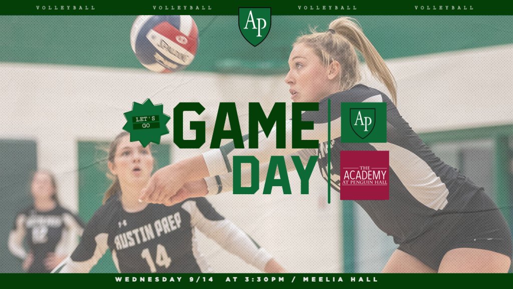 GAME DAY!!! <a href="/AustinPrepVball/">Austin Prep Volleyball</a> host <a href="/AcadPenguinHall/">Academy Penguin Hall</a> JV at 4pm and Varsity at 5pm in Meelia Hall #Unitas #Grit