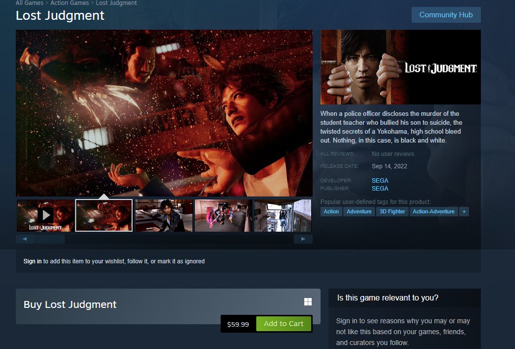 Judgment up on Steam ($39.99) bit.ly/3RXW6WK

Lost Judgment up on Steam ($59.99) bit.ly/3S5QiuC