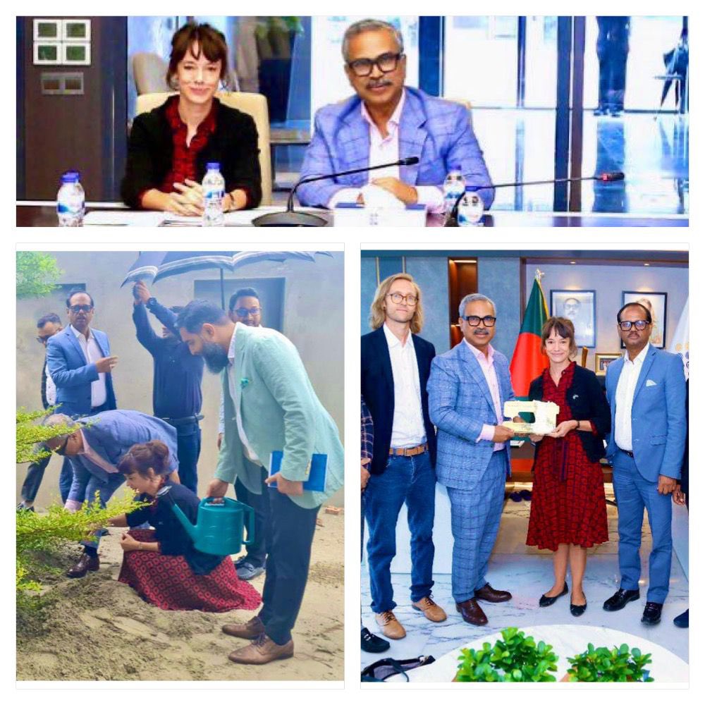 SwedenAmbBD's tweet photo. Vibrant discussions with the President of #BGMEA Faruque Hassan. We talked about the importance of #sustainability🌱, a #GreenTransition of the #RMG-sector in #Bangladesh &amp; about the new #SustainableFashionPlatform🇸🇪🇧🇩 initiative. And we also had time to plant a pretty🌳! #SEBD50 https://t.co/nShZXfz8R0