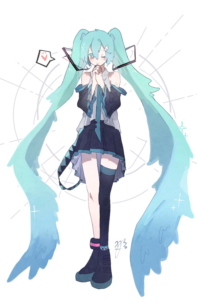 hatsune miku 1girl solo skirt twintails long hair thighhighs own hands together  illustration images