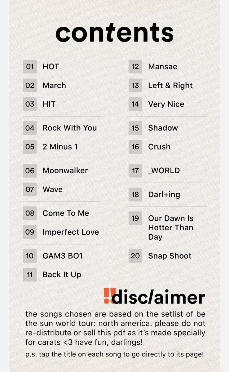✦  SEVENTEEN: BE THE SUN's lyrics + fanchants ebook ✦

a 43-pages ebook filled with seventeen songs' lyrics and fanchants! please do  not re-distribute and/or sell this. the pdf is accessible through: bit.ly/BETSFanchantEb….

have fun practising! ♡ #BETHESUNINJKT