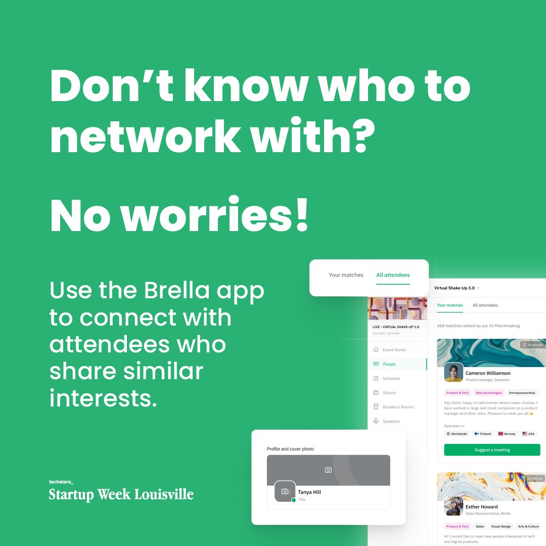 Aren't sure who to network with? Use the @Brellanetwork app to connect with other Startup Week attendees! The app uses AI to connect you with other attendee profiles with similar interests. Then, you can schedule time to meet with them in our designated networking area. 📲