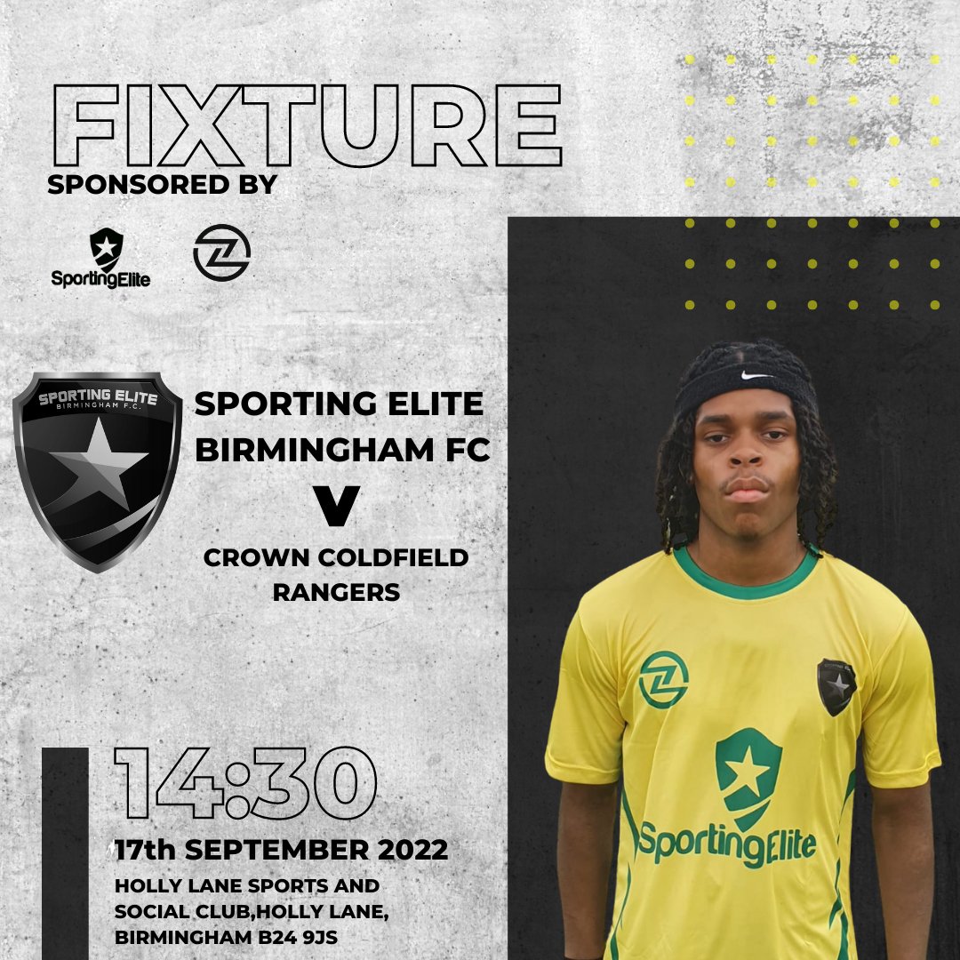 ⚽️Fixture⚽
 <a href="/SportingEliteB1/">Sporting Elite Birmingham FC</a> Vs Crown Coldfield Royal
🗓 17/09/22
🕑 14:30 kick off
🏆 League
📍Holly Lane, B24 9JS

Let's go Sporting 💙💛💚😁

#wearethelite #comeonsporting