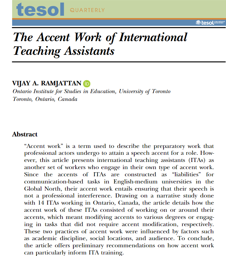 Check out my latest article in <a href="/TESOL_Quarterly/">TESOL Quarterly</a>, which explores the "accent work" that international teaching assistants (ITAs) do as part of their academic labour:

doi.org/10.1002/tesq.3…

See the thread for more info! #accentism