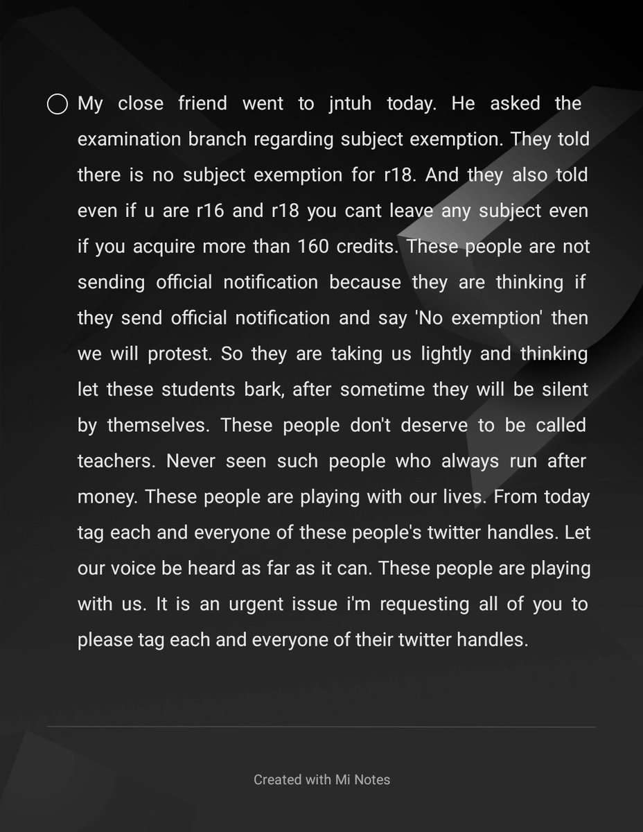mindhunterxd's tweet photo. #jntuhsubjectexemption 
Raise your voice and from today tag all of their twitter handles. They are playing with our lives. Tag all of them. @examupdt @jntuhofficial @jntuwing @SabithaindraTRS @VenkatBalmoor @KTRTRS @Shadagonda https://t.co/LFEMV4Lq02