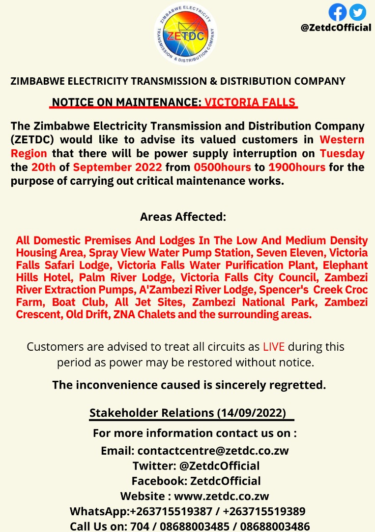 #NoticeOnMaintenance #VictoriaFalls residents and clients in the mentioned areas kindly take note. @VaMbarara @JojMan1 @ZBCNewsonline @NewsDayZimbabwe @HeraldZimbabwe @official_MOEPD @officialzpc @PowerTelZW @zeraenergy