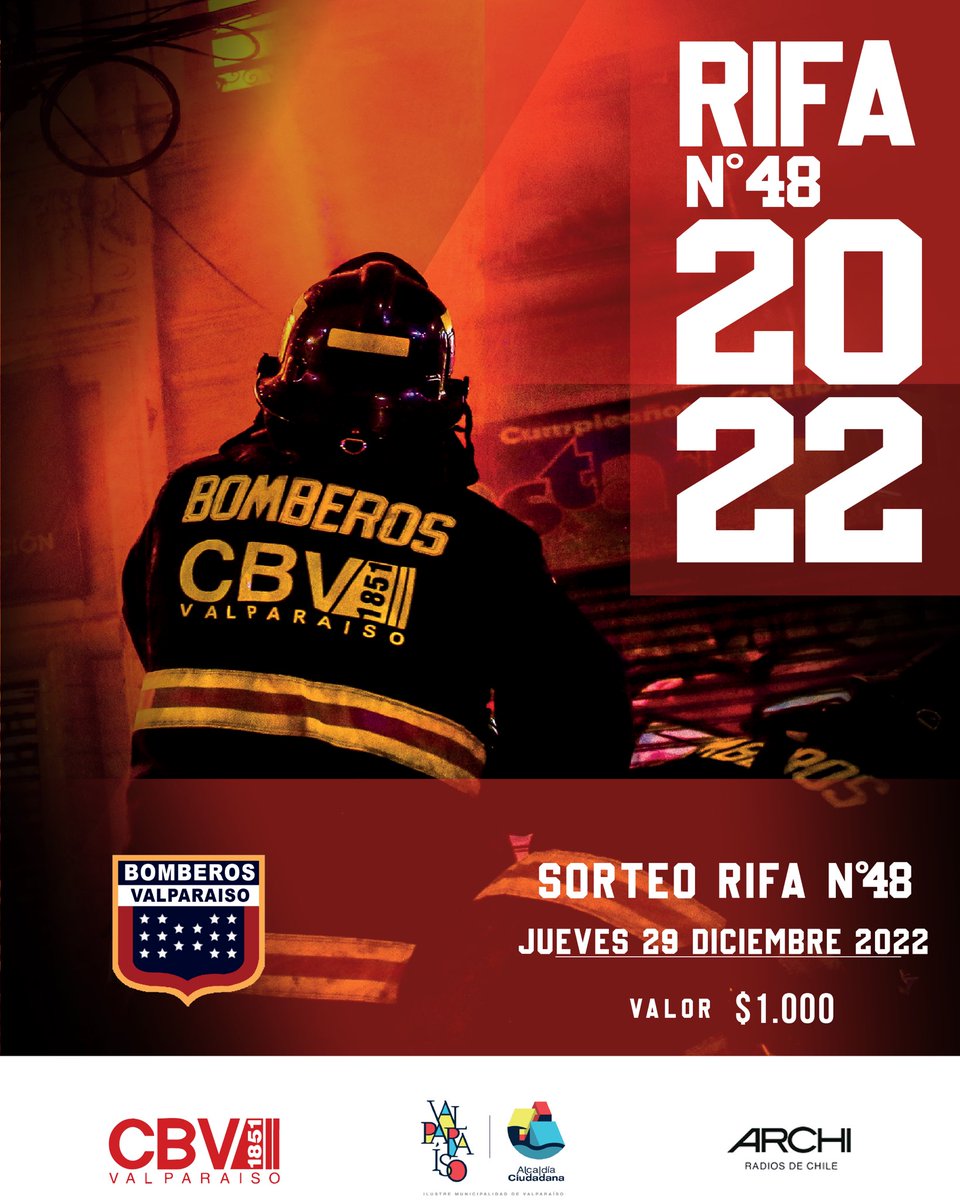 Sesta_Compagnia's tweet photo. Ya comenzó la #Rifa2022 del Cuerpo de Bomberos de Valparaíso.
Adquiere tu boleto a solo $1000 en nuestro cuartel y puntos de venta Portal Valparaíso (Jumbo) y Santa Isabel de San Roque.
¡Colabora y participa en el sorteo de grandes premios!
👉🏻 https://t.co/M2vXQwb67F
#RifaCBV https://t.co/JNPDtXR3cc