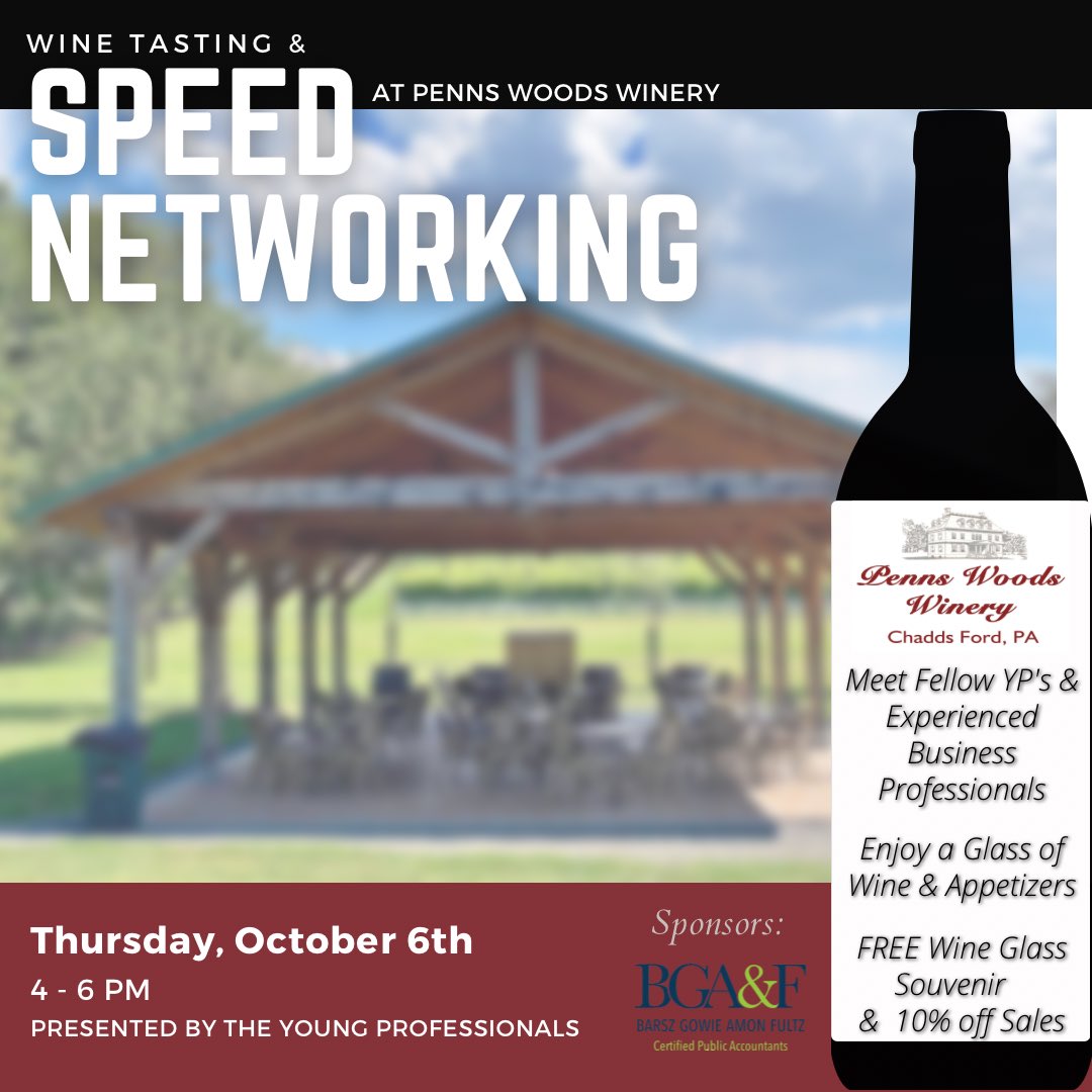 DelcoYPs's tweet photo. Don’t miss our next event presented by the Young Professionals supported by @barszgowie at @pennswoodswine! #meet #mingle #taste Register: https://t.co/EWcBevb3sz https://t.co/5ZOiF1vPEw