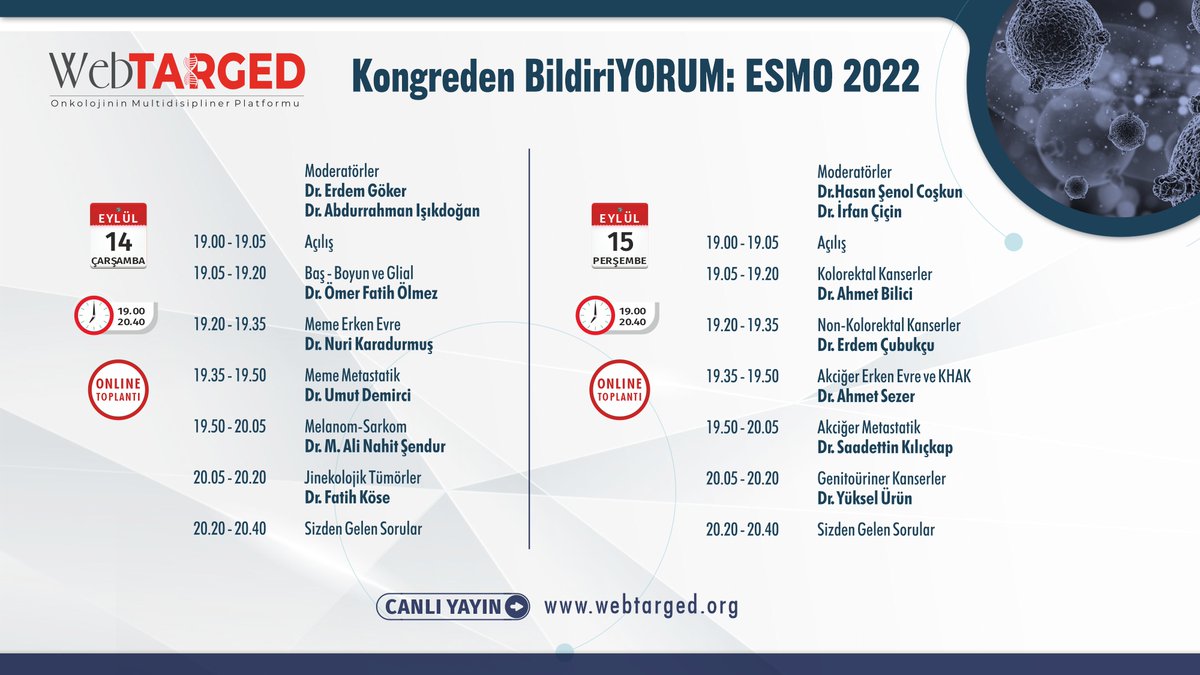 ESMO 2022'den BildiriYORUM ile ESMO 2022'de pratiği değiştirecek tüm çalışmaları birlikte tartışıyoruz!
#ESMO2022 #ESMO22