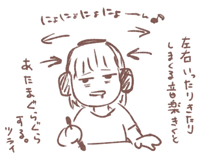 ヘッドホンで左右行ったり来たりする歌聴くと頭ぐらぐらしてつらいという絵です。(すぽてはいよく遭遇する) 