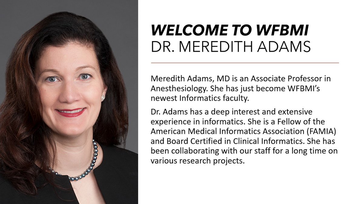 WF Center for Biomedical Informatics (WFBMI) (@wfbmi) on Twitter photo WFBMI is excited to announce the addition of our newest faculty member, Dr. Meredith Adams! We are thrilled to have our colleague join our center in this capacity.
Welcome, <a href="/MeredithAdamsMD/">Dr. Meredith C. B. Adams</a>!
<a href="/WFCTSI/">Wake Forest CTSI</a> <a href="/AtriumHealthWFB/">Atrium Health Wake Forest Baptist</a> <a href="/WakeAnesthesia/">Wake Forest Anesthesiology</a> WFBMI is excited to announce the addition of our newest faculty member, Dr. Meredith Adams! We are thrilled to have our colleague join our center in this capacity.
Welcome, <a href="/MeredithAdamsMD/">Dr. Meredith C. B. Adams</a>!
<a href="/WFCTSI/">Wake Forest CTSI</a> <a href="/AtriumHealthWFB/">Atrium Health Wake Forest Baptist</a> <a href="/WakeAnesthesia/">Wake Forest Anesthesiology</a>