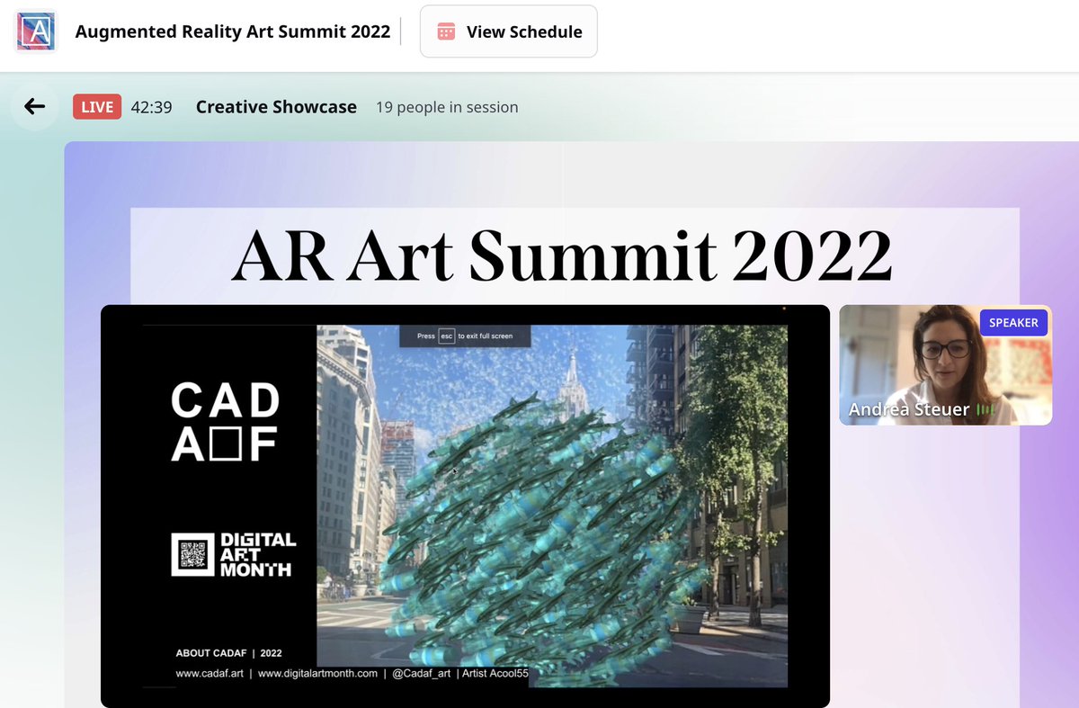 flakoubay's tweet photo. LIVE ALERT: @AndreaSteuer from @art_cadaf at the @ArtiviveApp AR ART SUMMIT talking about #digitalartmonth! https://t.co/uWjfzpUbe0