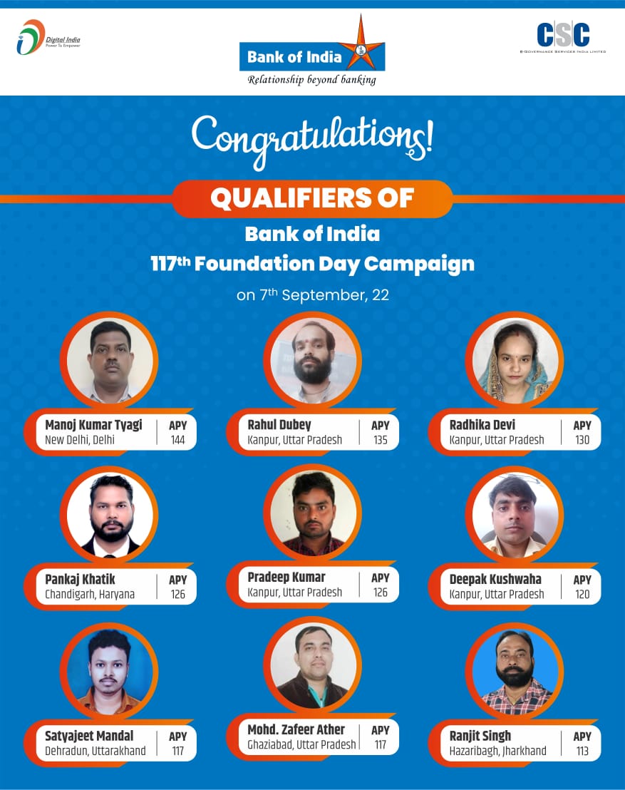 rkmishra011's tweet photo. Many congratulations to All the Achievers of #BOI_BC for doing excellent work in #APY_Enrollment on the occasion of #BOI #Bank_foundation_day.
@ceo_csc @CSCegov_ @adarsh2401 @BankofIndia_IN @CSCUttarPradesh @CSCUttarakhand @cscharyana @DelhiCSC @CSCJharkhand https://t.co/AnrRb3U2hR