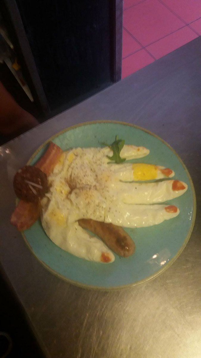 eggs poached in a rubber glove and a sausage watch