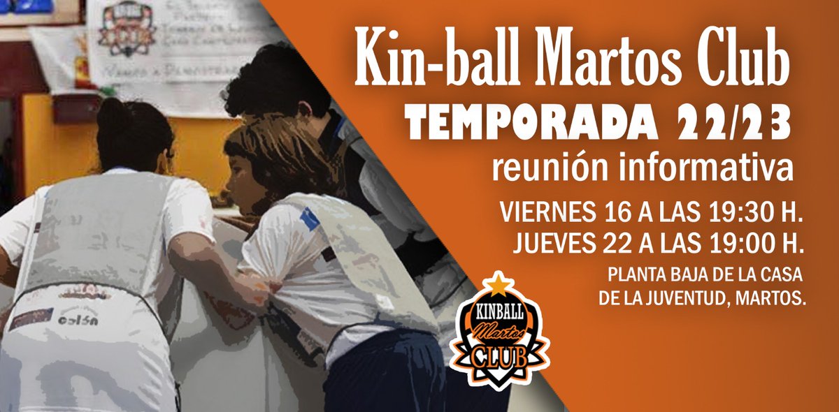 Un año más, una temporada más, vuelve el Kin-ball a Martos. Si estás interesado/a en apuntar a su hijo/a puede asistir a una de las dos reuniones que se realizarán en la planta baja de la casa de la juventud:

Día 16 de septiembre: 19:30
Día 22 de septiembre: 19:00