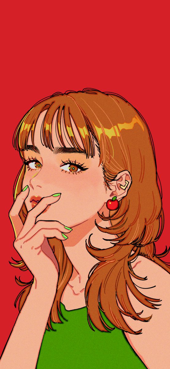 1girl solo green nails earrings jewelry red background brown hair  illustration images