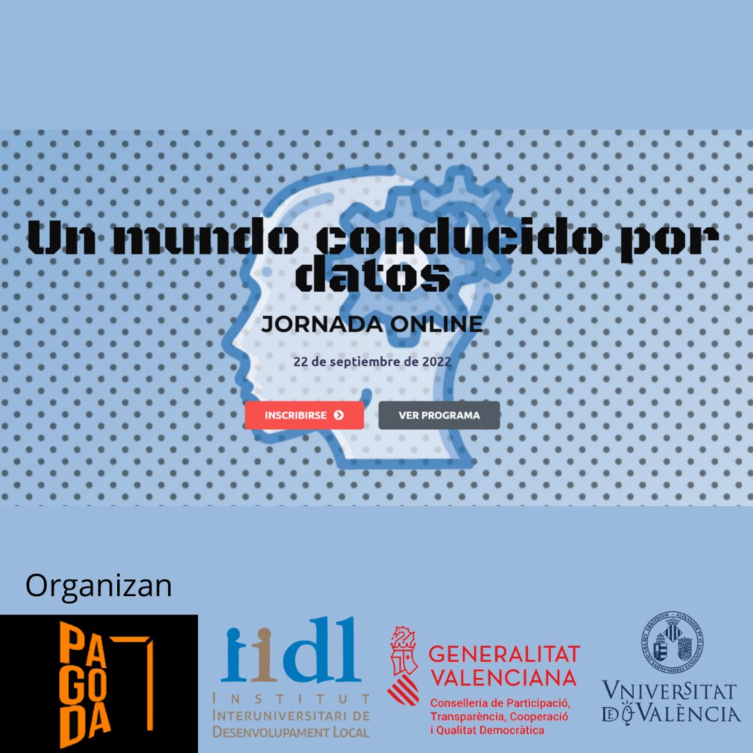 iidlValencia's tweet photo. ¿Sabes lo que es la #datificacion? En esta jornada te lo explicamos hablando de problemas de ética y también de oportunidades:

🤩 VI Jornada Open Data: "Un mundo conducido por datos", @PagodaUveg 
📆 22/09
⌚ 9:30-13:30 h.
📍Online

➡️ Inscripciones en: https://t.co/ZlM2ehpgIW https://t.co/PpfwzLeIT8