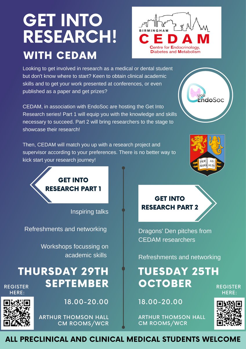 Keen to obtain clinical academic skills and to get your work presented at conferences, or even published? CEDAM is hosting the Get Into Research series! #CEDAM <a href="/BHPComms/">Birmingham Health Partners</a> @unibirm_MDS <a href="/Dr_LaurenQuinn/">Dr Lauren M Quinn</a>. Find out more &amp; register:  eventbrite.co.uk/e/399485450737  &amp; eventbrite.co.uk/e/413253240567
