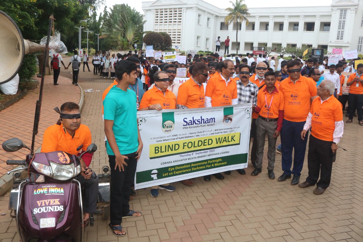 SAKSHAM4Divyang's tweet photo. "#BlindFoldedWalk" Rally in #Karnataka by #SAKSHAMUttarKarnataka in association with KIMS Hubbali, Rotary club of Hubbali, BVB tech university Hubbali, Inner wheel club of Hubbali midtown, IMA Hubbali and Youth for Seva, Hubbali on the occasion of "National Eye Donation Fortnight https://t.co/77onxDEFk9
