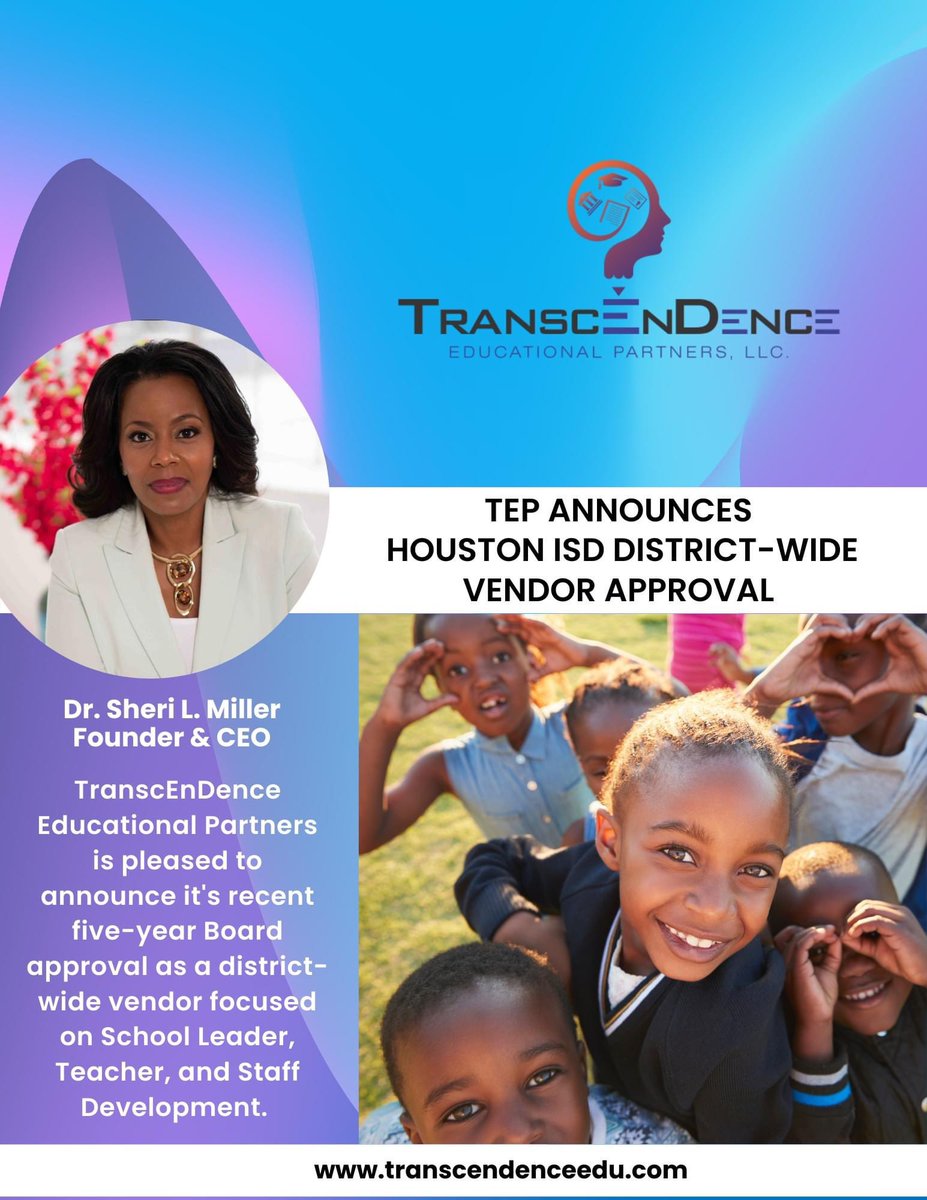As a K-12 student of Houston Independent School District, the gift of TranscEnDence Educational Partners (TEP) being awarded a five-year district-wide vendor approval focused on Leader, Teacher, and Staff Development is quite the honor. 
#TEP4Kids
#TheGiveBack