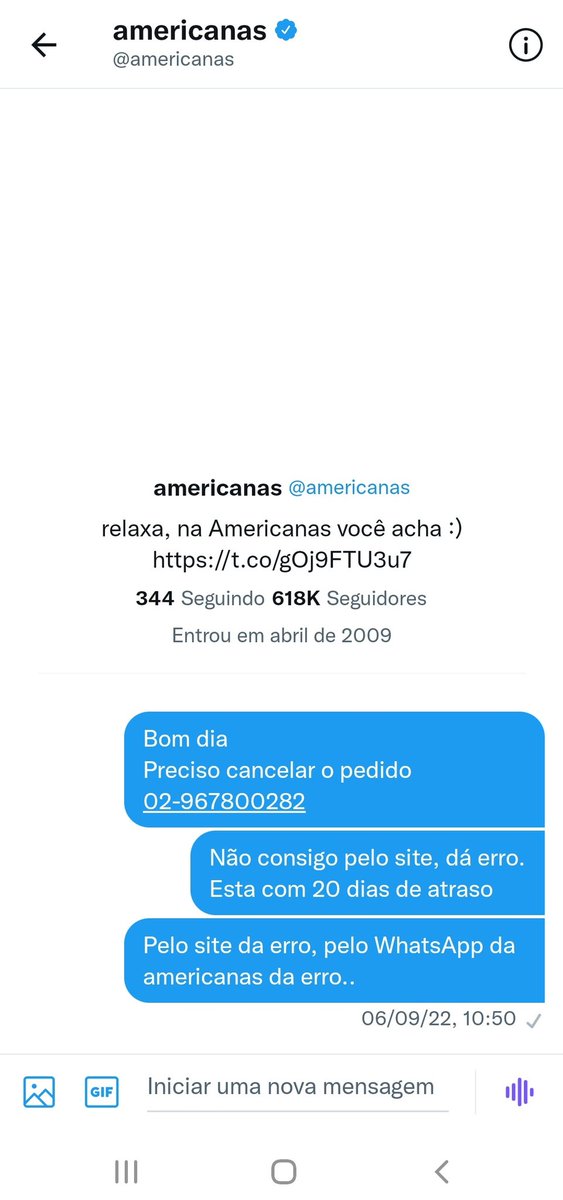 fernandasuraci's tweet photo. @americanas Olha só, mensagem enviada dia 06 

Vou postar em outros locais também @americanas https://t.co/QCJCD62lf6