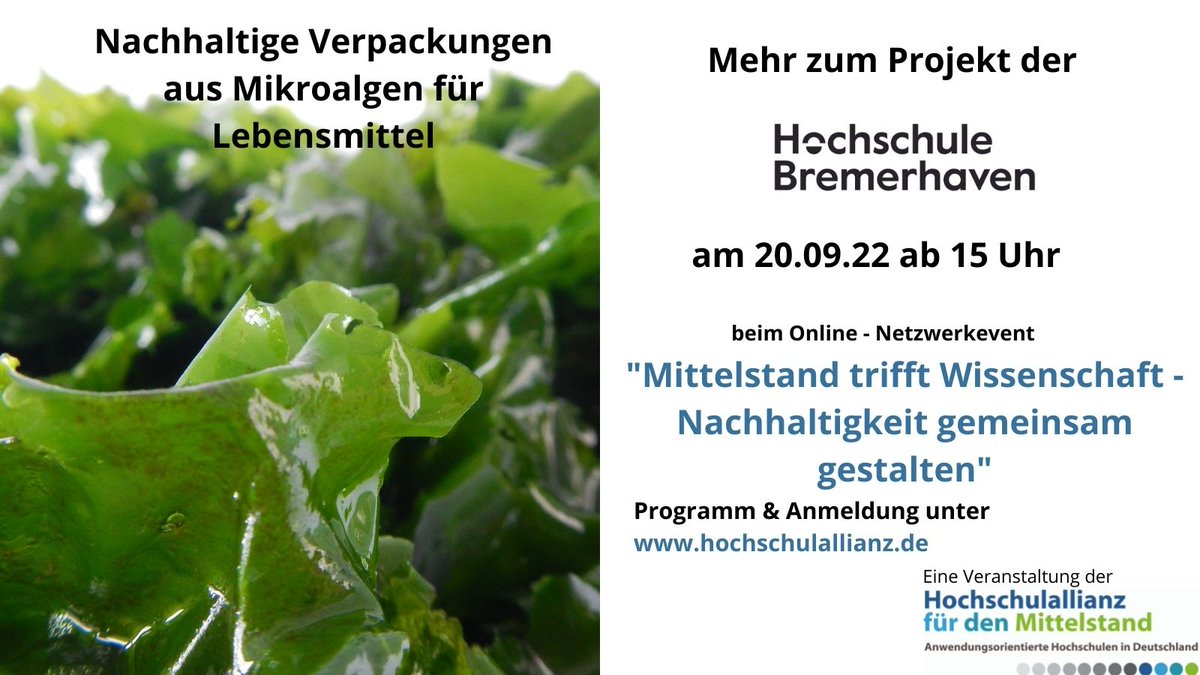Verpackungsmüll und Mikroplastik - dagegen entwickelt <a href="/HS_Bremerhaven/">Hochschule Bremerhaven</a> eine nachhaltigere Verpackungsoption. Mehr dazu am 20.09.22 ab 15 Uhr beim Online-Netzwerkevent "Mittelstand trifft Wissenschaft - Nachhaltigkeit gemeinsam gestalten". Anmelden: hochschulallianz.de #HoAlfM