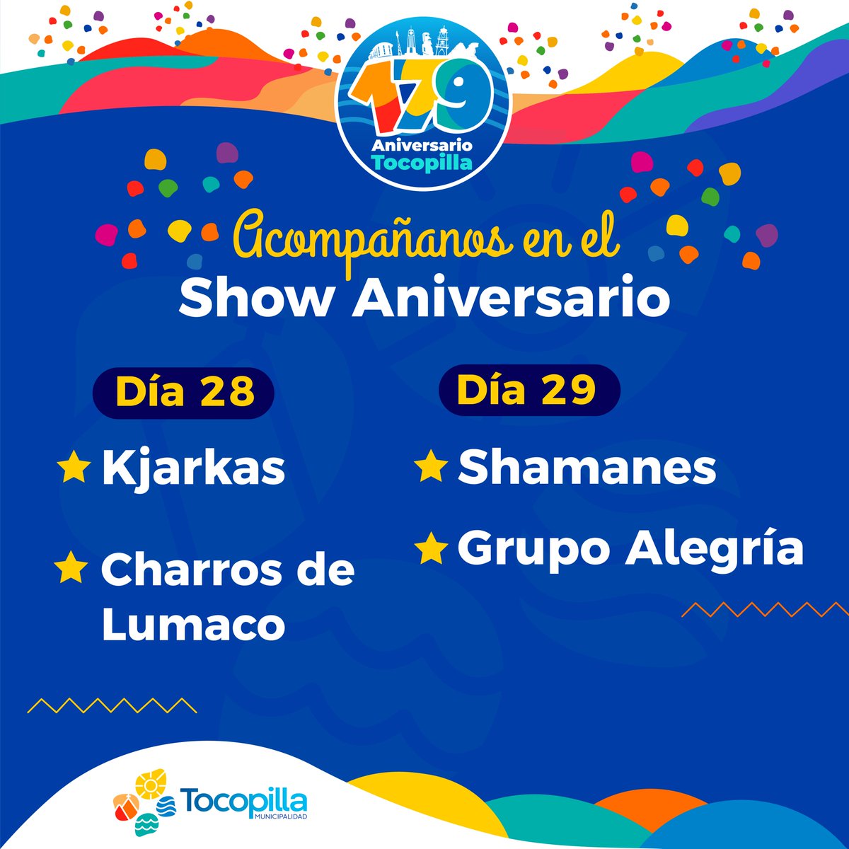 ¡Acompáñanos en nuestro show de los 179 aniversario de nuestra comuna!🎉🎉

#Tocopilla #aniversario179