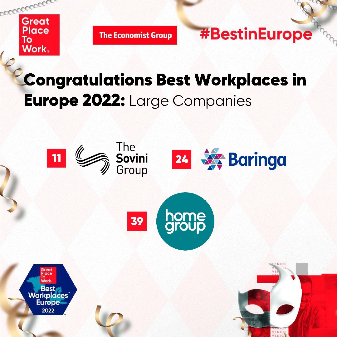 GPTW_UK's tweet photo. A special congratulations to the UK-based companies who made the Best Workplaces™️ in Europe list! It's wonderful to see so many of our own representing what it means to be truly great 💪

#BestInEurope @happyltd, @goodman_masson, @CrederaUK, @sovinigroup, @Baringa, @homegroup https://t.co/6E5VOgtZ7I