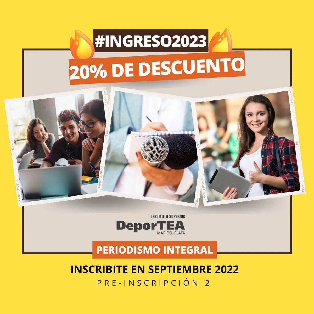 🙌 En DeporTEA Mar del Plata ya estamos pensando en vos!
¿Querés estudiar PERIODISMO INTEGRAL en el 2023?
INSCRIBITE YA❗️
📲 WhatsApp 223 594 3990
📧 admision@deportea.edu.ar
☎️ 223 494 5048
🏠 Hipólito Yrigoyen 2847
🕣 Lunes a viernes de 8:30 a 13 hs.