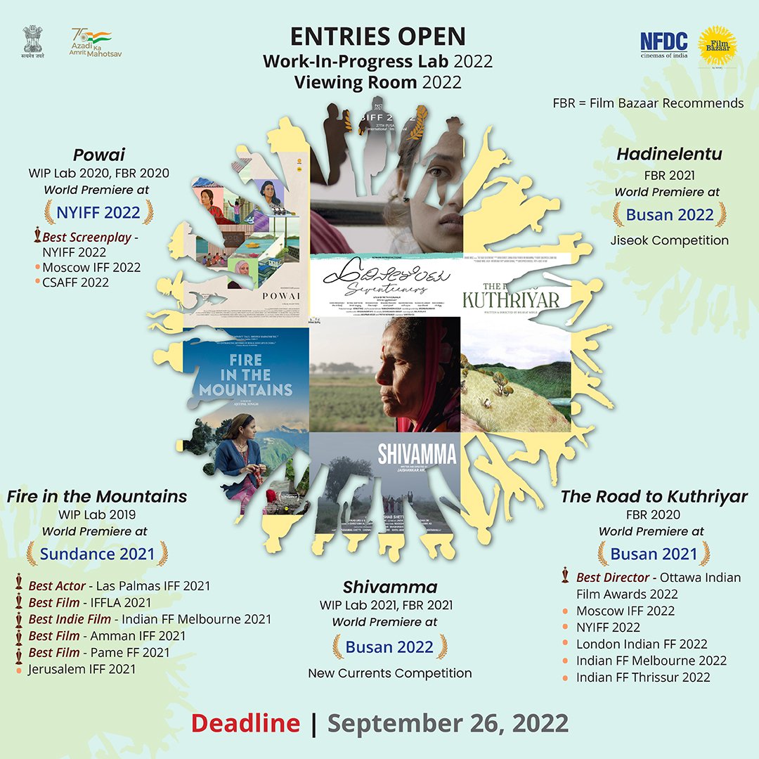 filmbazaarindia's tweet photo. Attention Filmmakers! 📣
Viewing Room &amp; Work-in-Progress Lab entries are open for NFDC Film Bazaar 2022!
Deadline - September 26, 2022
For more details, visit https://t.co/67ZPNcrusd (link in bio)
#VR2022 #WIP2022 https://t.co/K2yLuQRk7j