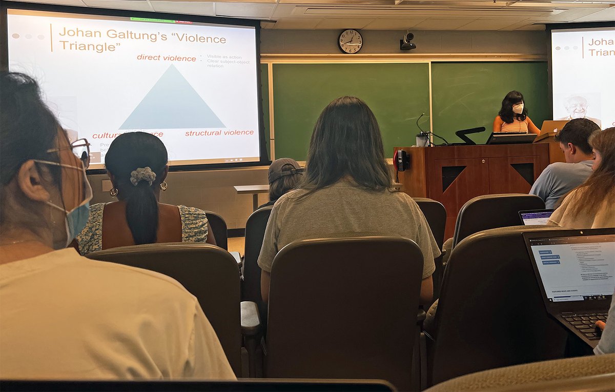 NewGen_Peace's tweet photo. HS participants in our peacebuilding trainings know they get access to frameworks &amp; tools typically covered in university. PROOF! Alum Maya Gavia shared a photo from her undergrad Anthropology of War and Peace class. Said she felt “extra-prepared.” 
@JohanGaltung @youthpeaceact https://t.co/FqnQ1Vu1qp