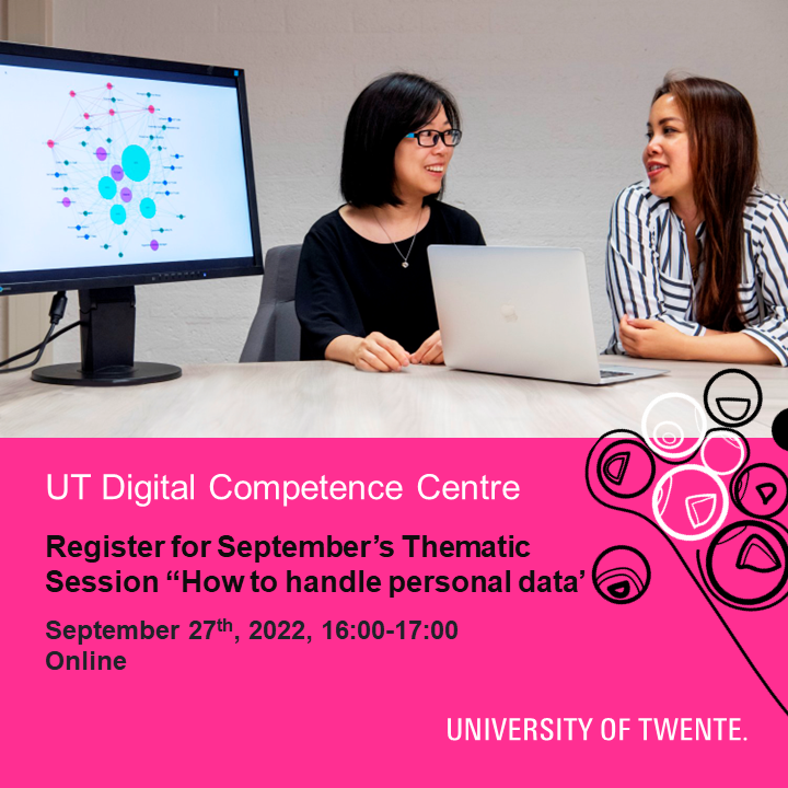 utwentedcc's tweet photo. Register for DCC's September 2022 Thematic Session
Speakers:
👉Meike van de Ven-Davids, Data Protection Officer @utwenteEN 'When and how the GDPR applies to scientific research';
👉Petri de Willigen, EEMCS Privacy Contact Person  'Handling personal data'
✍️https://t.co/PB4TeXBByl https://t.co/H9Zt65gU20