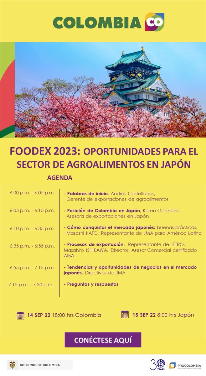 Te invitamos a participar en Foodex una de las ferias más importantes de agroalimentos en Asia, únete al Webinar y conoce las oportunidades comerciales en 🇯🇵
Fecha: 14 de septiembre a las 6pm #ColombiainJapan ⁦<a href="/foodex_j/">FOODEX JAPAN_JMA</a>⁩  ⁦<a href="/PROCOLOMBIACO/">PROCOLOMBIA</a>⁩ ⁦⁦<a href="/juancagomeza/">Juan Camilo Gómez</a>⁩