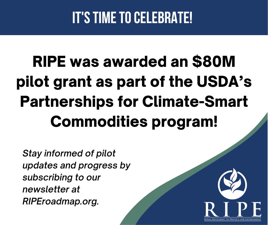 RIPEroadmap's tweet photo. RIPE has been awarded $80M to demo the value of the #RIPE100 proposal! Thanks to USDA’s Partnerships for Climate-Smart Commodities program and our partners @ARDeptofAgricul  @MNBWSR North Dakota Farmers Union @VirginiaDCR.   #LetsDoThis https://t.co/v3P1V43NeY