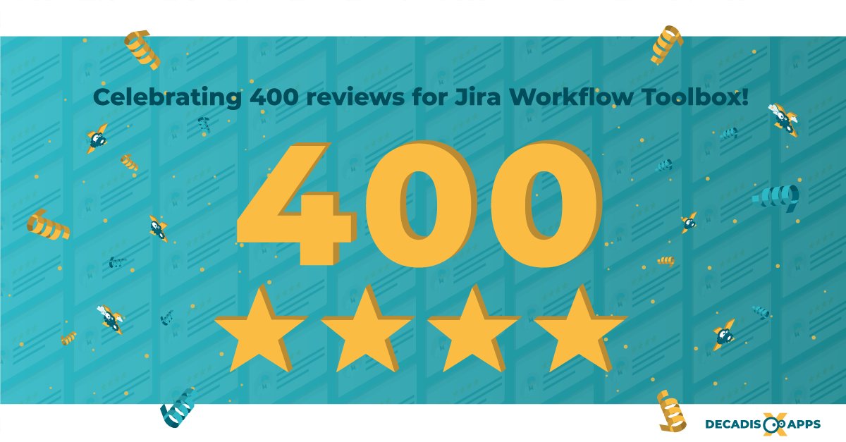 decadis_de's tweet photo. 🎉 Let's celebrate 400 reviews for Jira Workflow Toolbox! 

This wouldn't be possible without #YOU! So thank you
💚 for using our amazing app,
💚 for your honest feedback,
💚 for helping us to make our app a little bit better every day! 

Cheers to many more years with #YOU! 🍾 https://t.co/VW9LHJHmKT