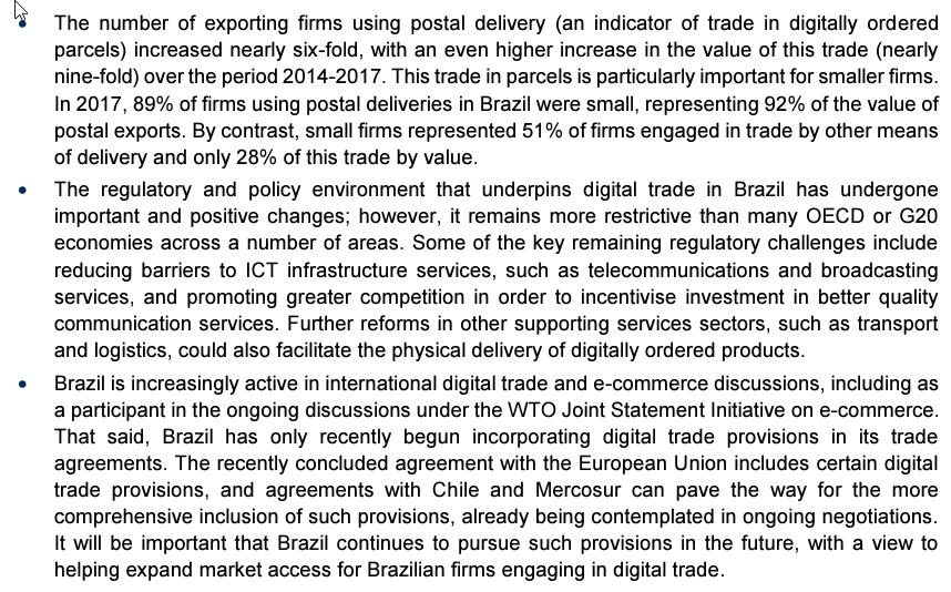 nigelcory's tweet photo. Thorough @OECDtrade analysis in its Digital Trade Review of Brazil. Highlights Brazil's growing digital services trade (&amp; role of SMEs) &amp; engagement in talks &amp; major challenges like high ICT tariffs &amp; non-tariff measures. Kudos @jlopezgonzalez1 &amp; team: https://t.co/RBV9w7qklp https://t.co/sw8jx9hFtg